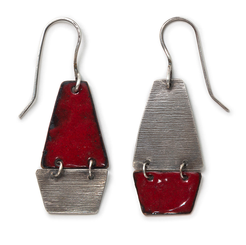 red enamel and silver earrings