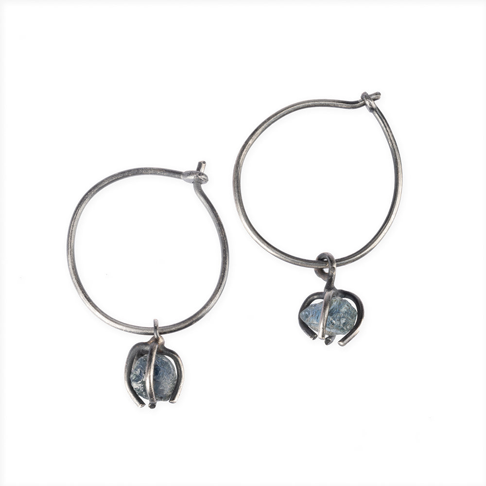 classic hoop earrings with rough Montana sapphires
